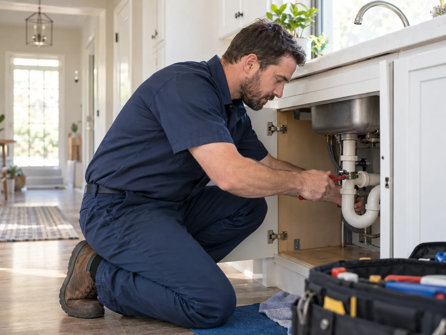 Experienced plumber working carefully in a clean home